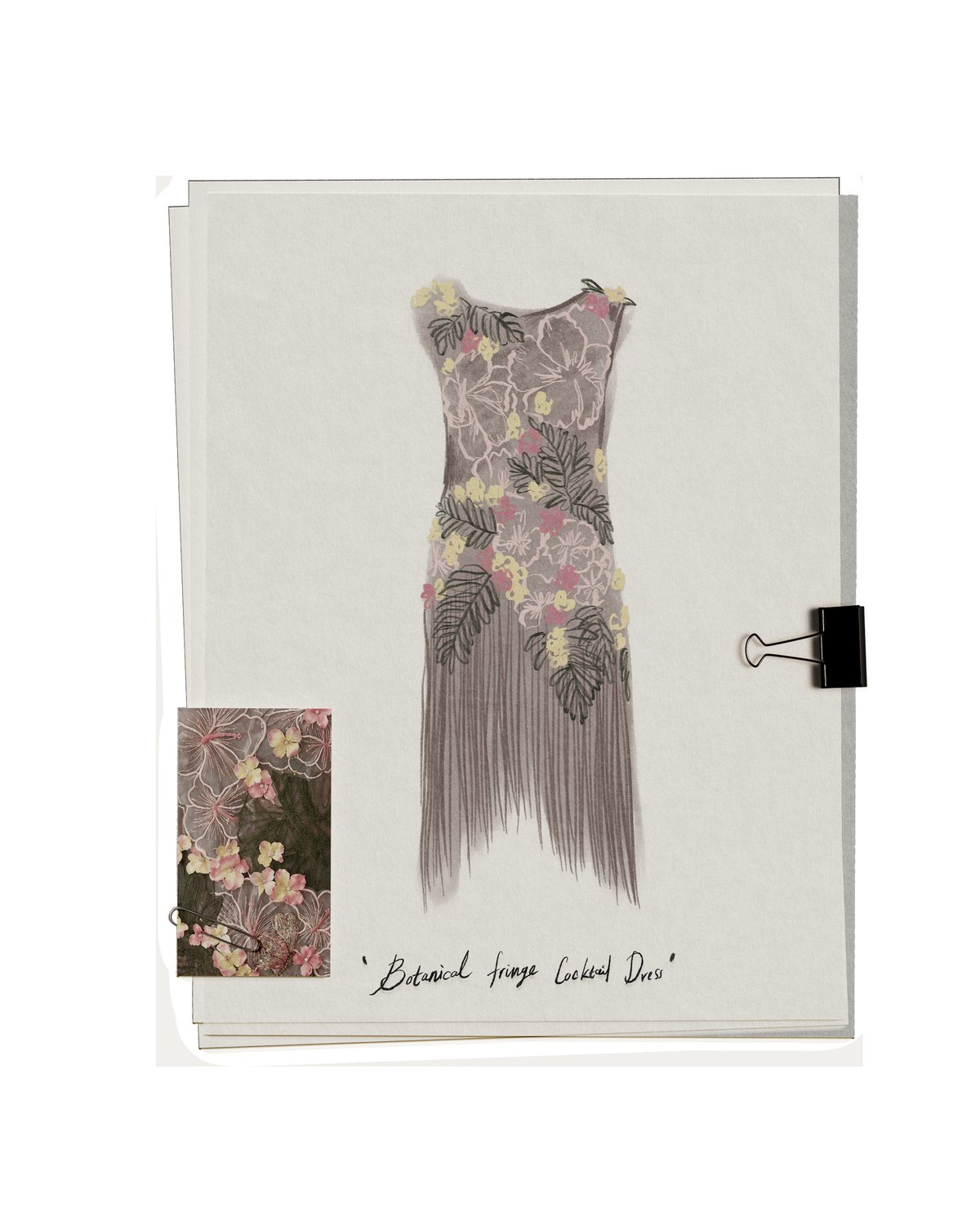 Botanical Fringe Cocktail Dress sketch